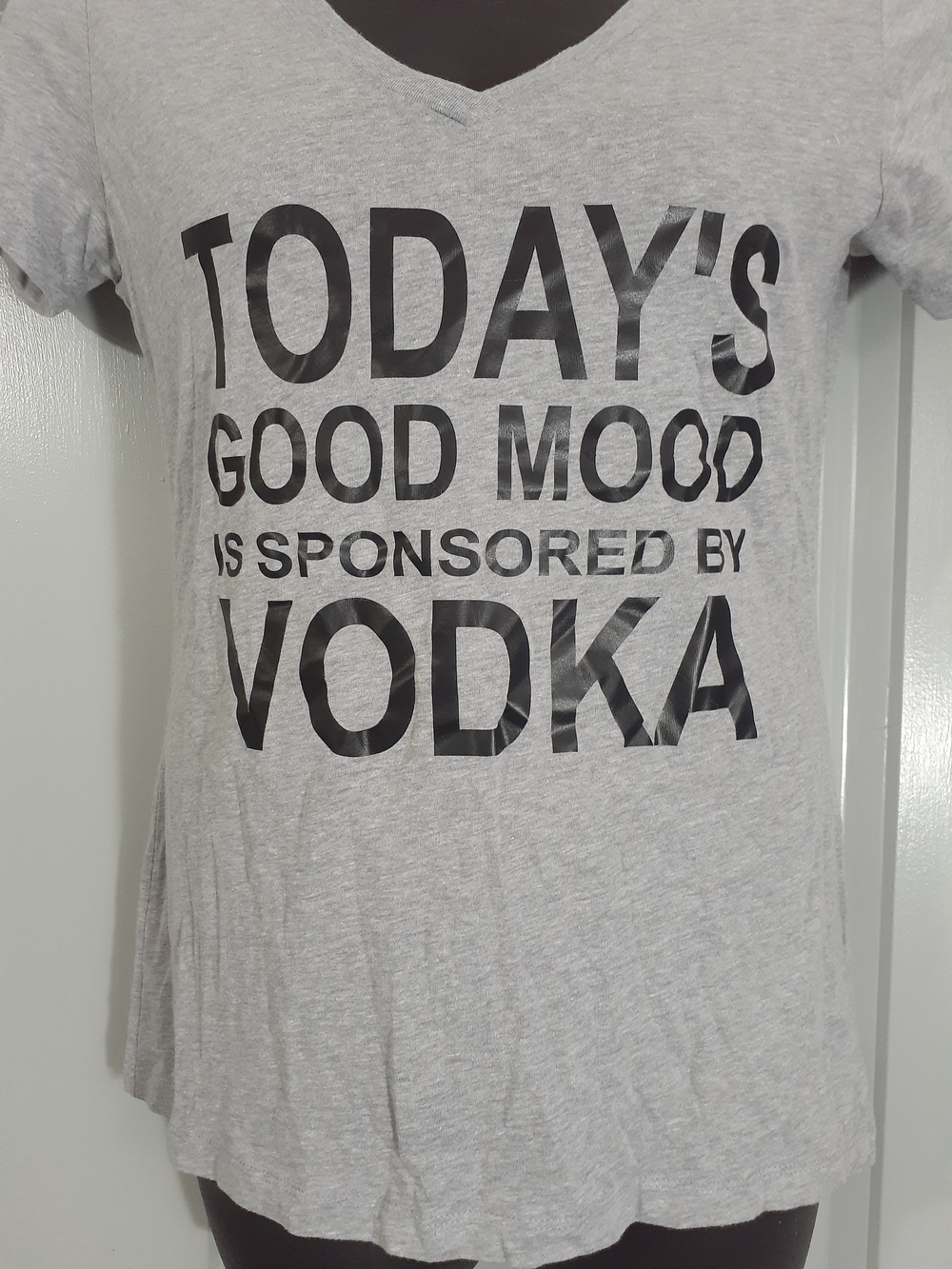 Graphic V-Neck Tee - "Today's Good Mood is Sponsored by Vodka" - Picture 3 of 4